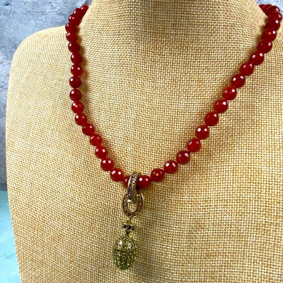 Heidi Daus red stone beaded necklace with green egg charm - Picture 1 of 5